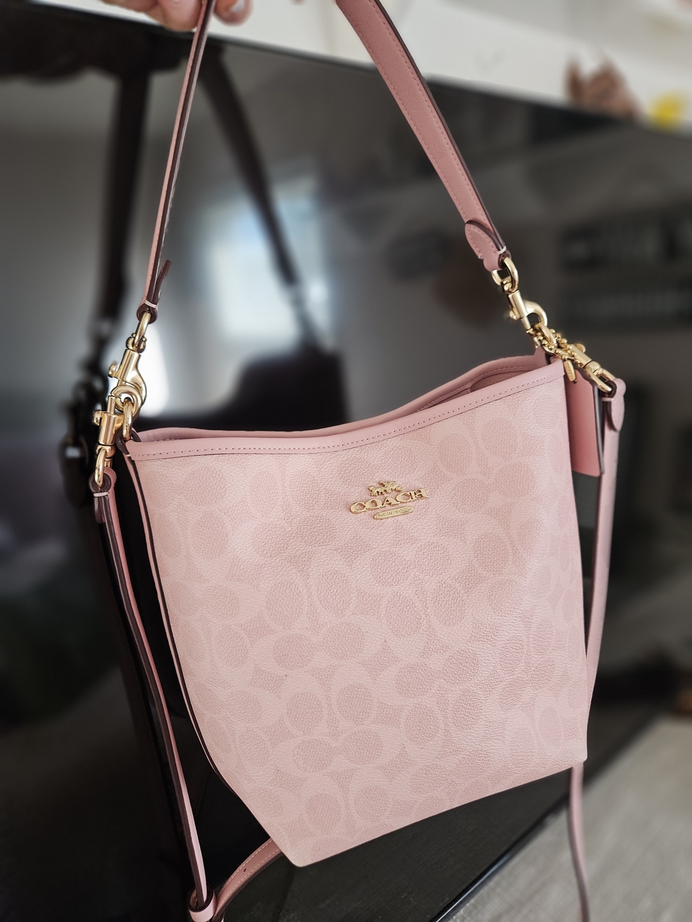 Coach Powder Pink Signature Rowan Bucket Tote Bag